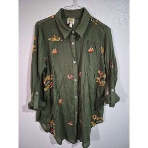 Anthropologie Fig & Flower M Floral Embroidered M Roll Tab Sleeve Coastal